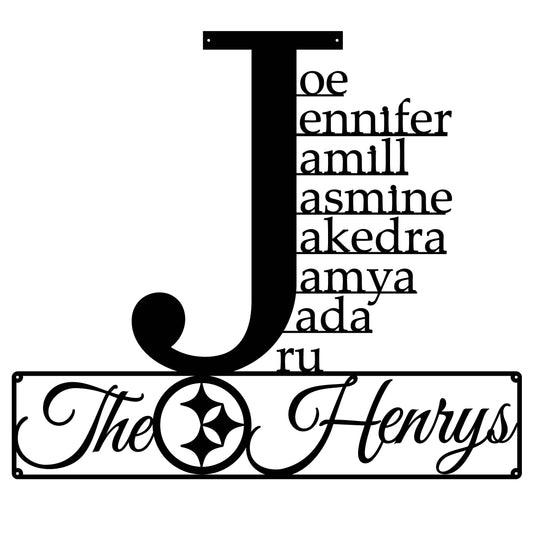 Custom Letter J Metal sign with 8 First Names and Last Name Sign