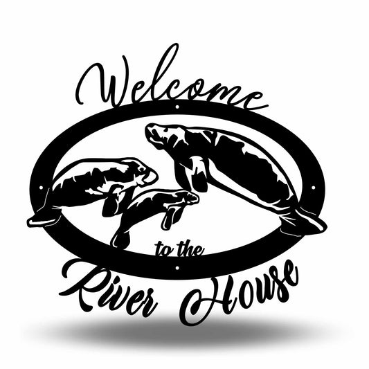 14 guage mild steel 3 manatee sign, one mamma with 2 calves  in Flat Black Powder Coat over white background