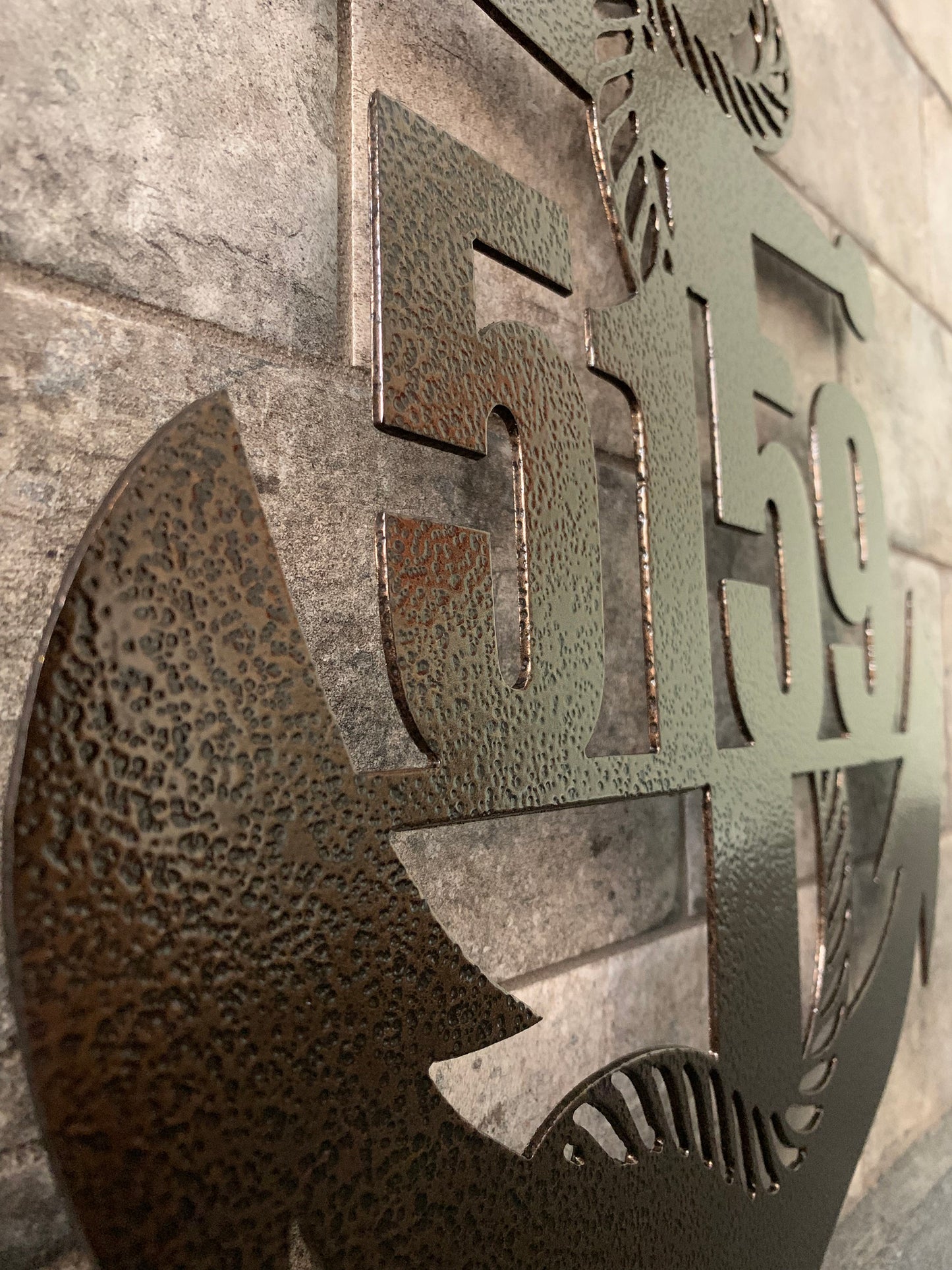 Close Up 3 quarter view of Vertical Anchor Metal Address Sign (Street Numbers Only) in Golden Vien