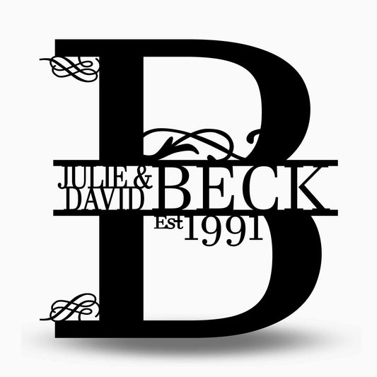 Custom Split Letter B Metal First and Last Name with Establish Year Sign