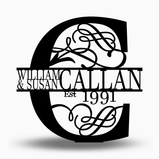 Custom Split Letter C Metal First, Last Name and Establish Year Sign
