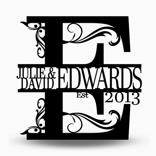 Custom Split Letter E Metal First, Last Name and Establish Year Sign