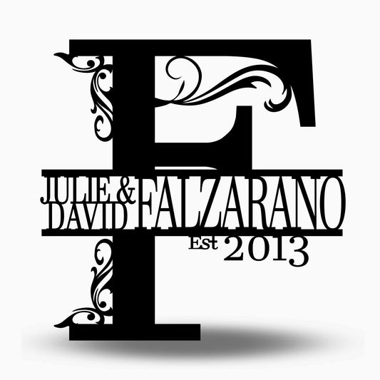 Custom Split Letter F Metal First, Last Name and Establish Year Sign