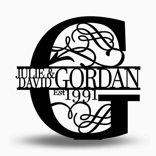 Custom Split Letter G Metal First, Last Name and Establish Year Sign