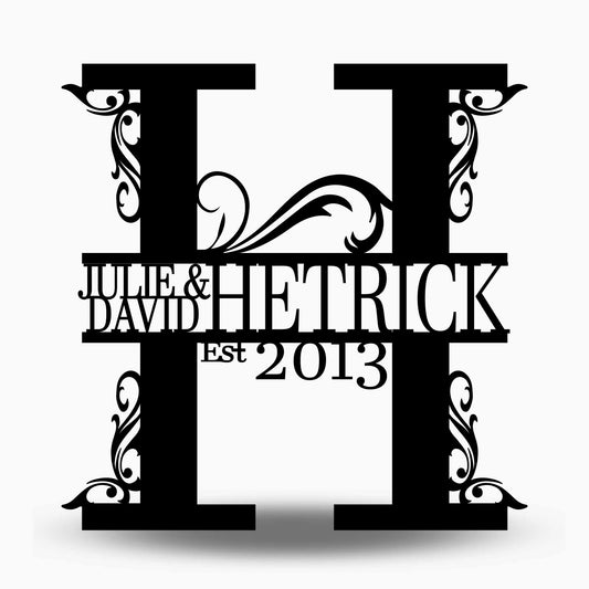 Custom Split Letter H Metal First Names, Last Name and Establish Year Sign