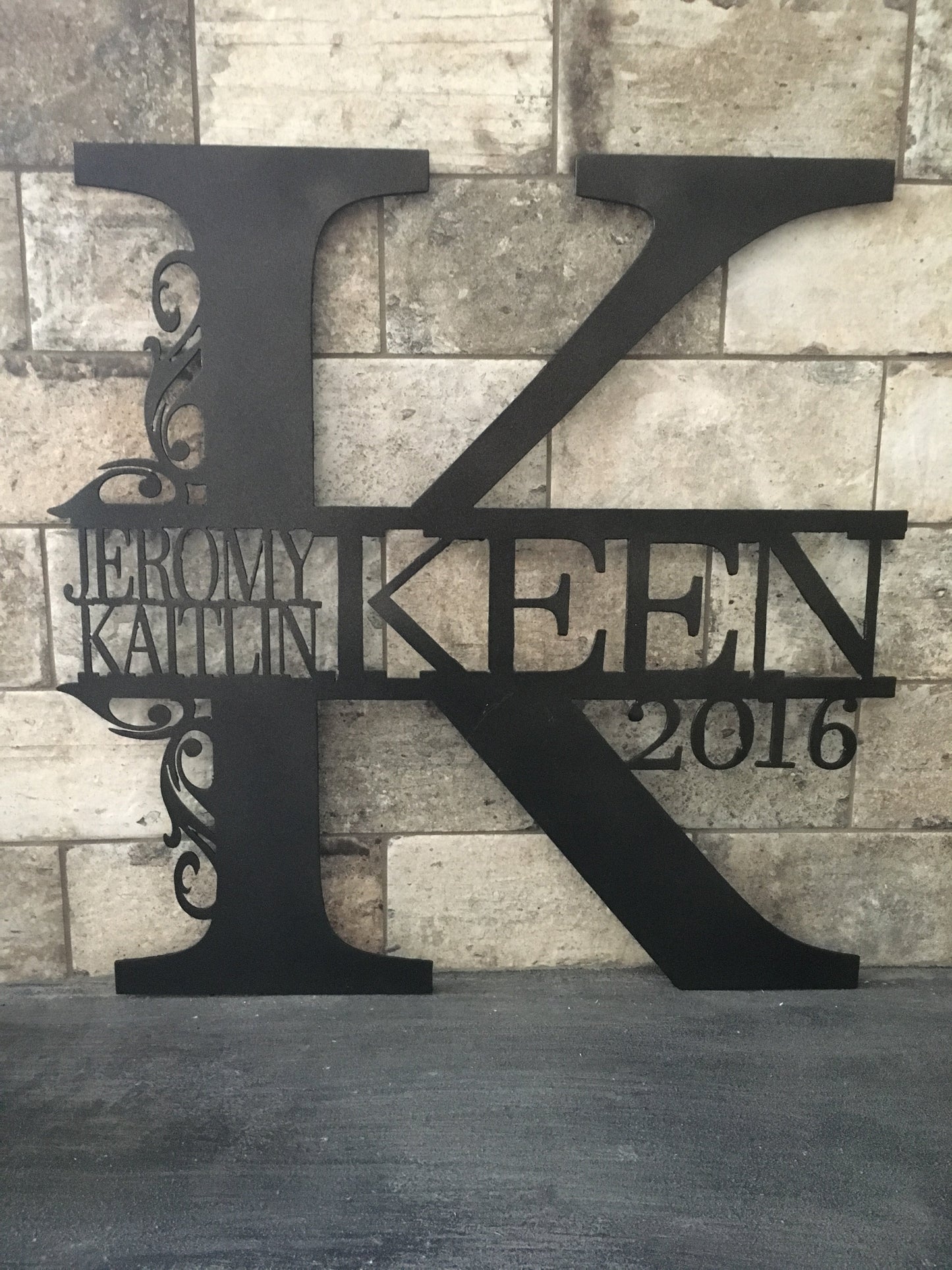 Custom Split Letter K Metal First Names, Last Name and Establish Year Sign