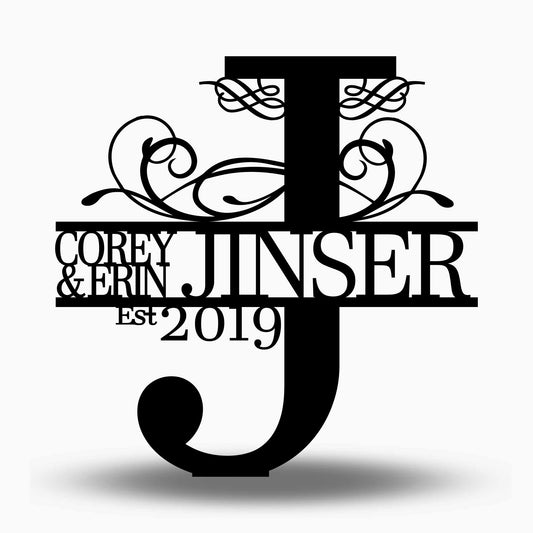 Custom Split Letter J Metal First Names, Last Name and Establish Year Sign