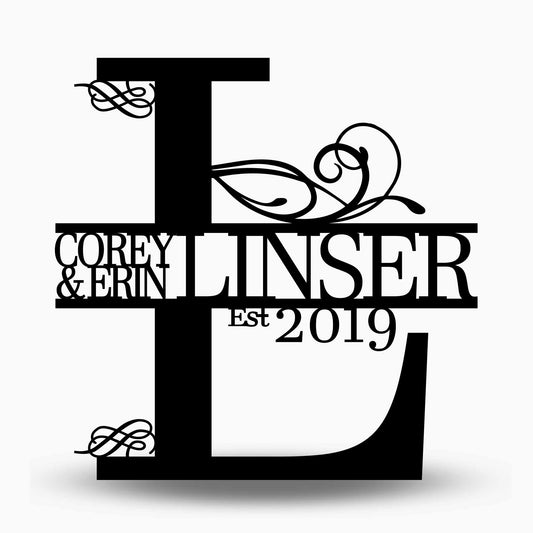 Custom Split Letter L Metal First Names, Last Name and Establish Year Sign