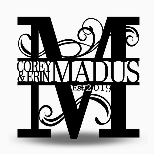 Custom Split Letter M Metal First Names, Last Name and Establish Year Sign