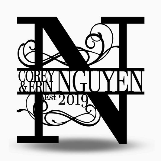 Custom Split Letter N Metal First Names, Last Name and Establish Year Sign