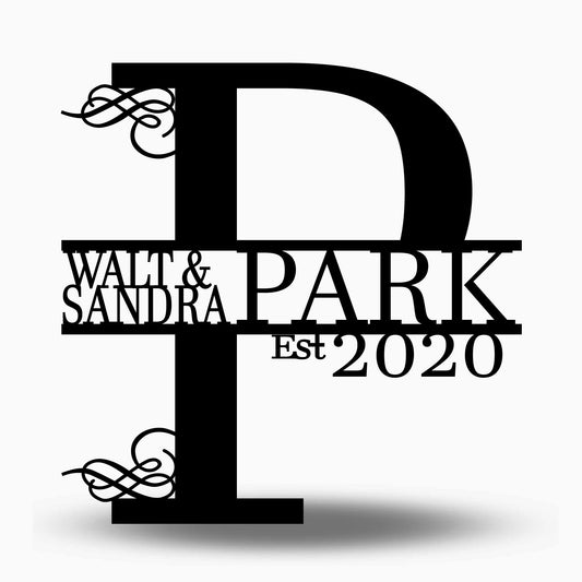 Custom Split Letter P Metal First Names, Last Name and Establish Year Sign