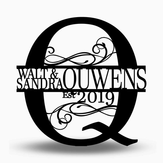 Custom Split Letter Q Metal First Names, Last Name and Establish Year Sign