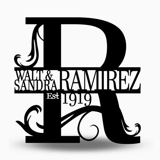 Custom Split Letter R Metal First Names, Last Name and Establish Year Sign