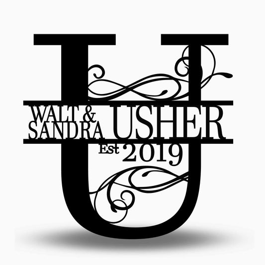 Custom Split Letter U Metal First Names, Last Name and Establish Year Sign