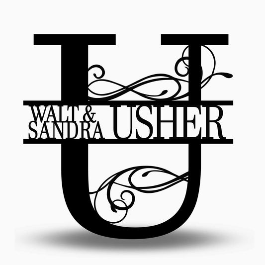 Custom Split Letter U Metal First Names and Last Name Sign