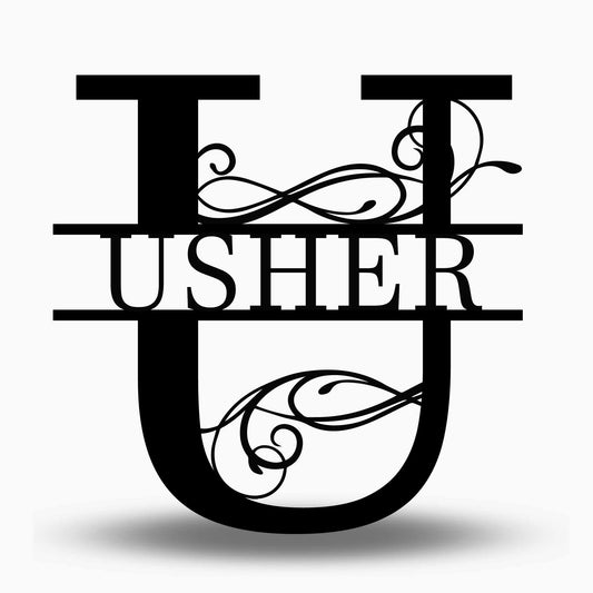 Custom Split Letter U Metal Last Name Sign
