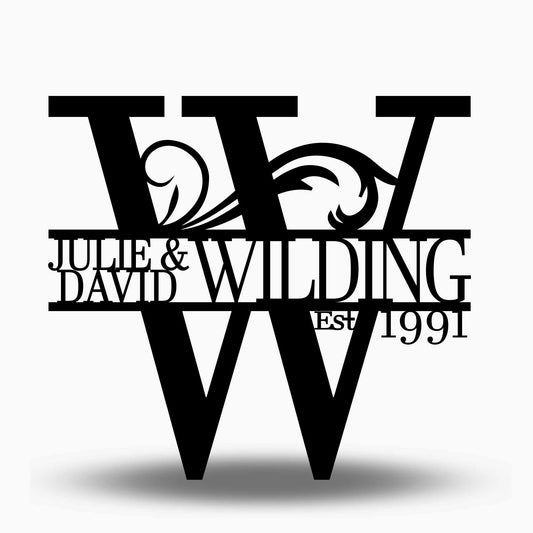 Custom Split Letter W Metal First Names, Last Name and Establish Year Sign