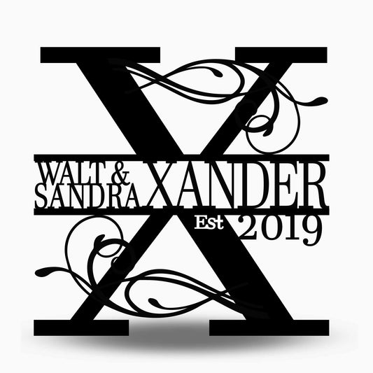Custom Split Letter X Metal First Names, Last Name and Establish Year Sign