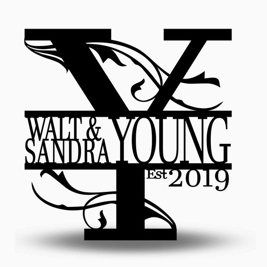 Custom Split Letter Y Metal First Names, Last Name and Establish Year Sign