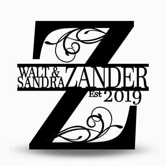 Custom Split Letter Z Metal First Names, Last Name and Establish Year Sign