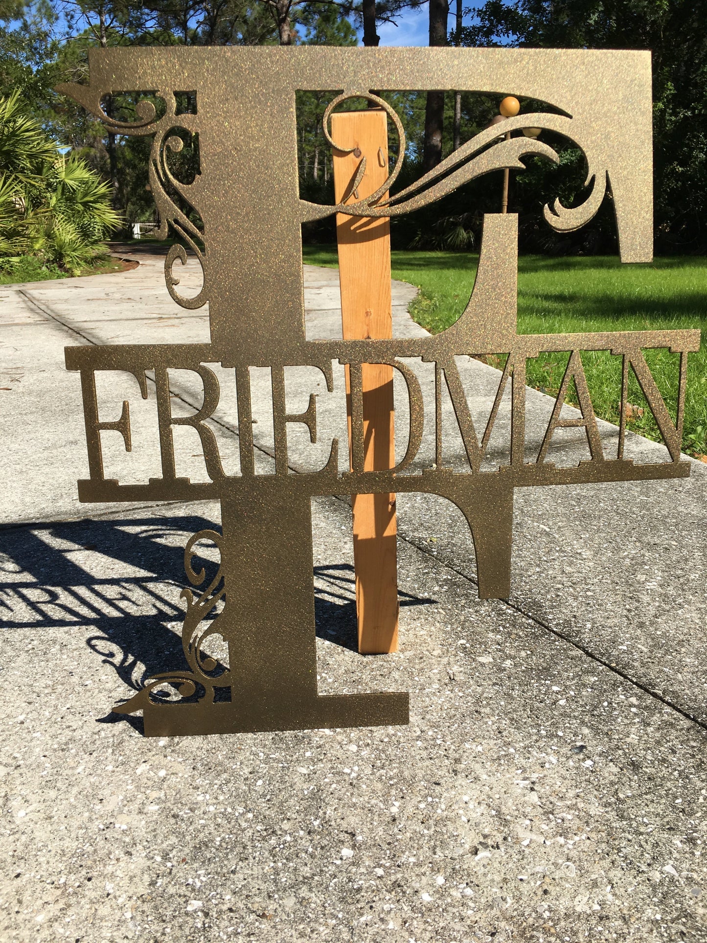 Custom Split Letter E Metal First, Last Name and Establish Year Sign