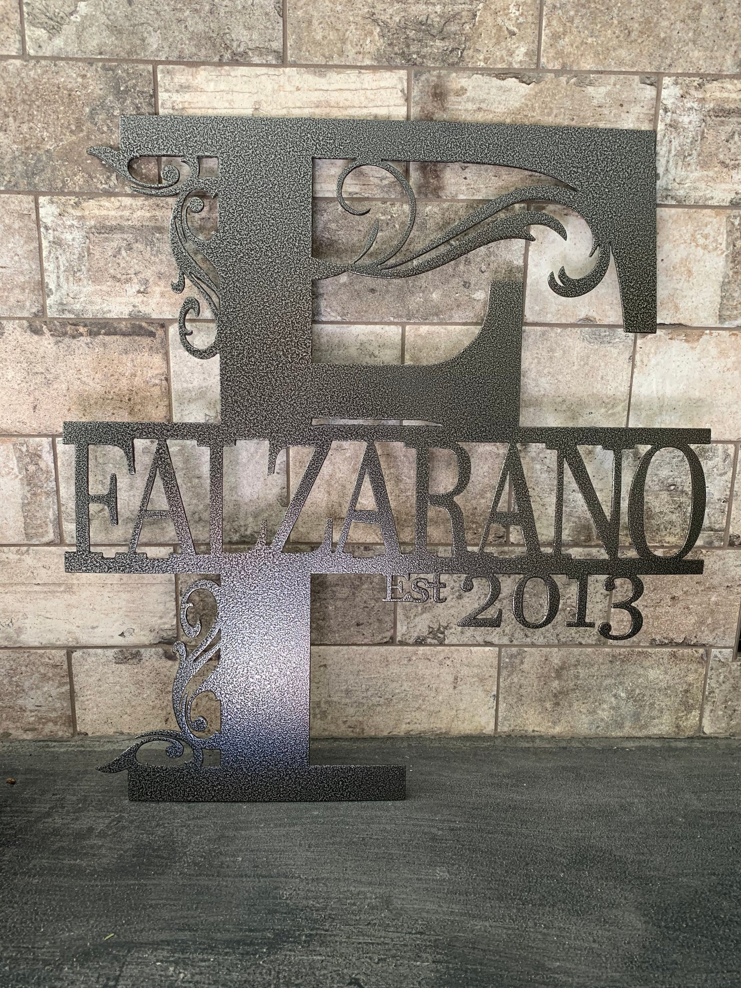 Custom Split Letter E Metal First, Last Name and Establish Year Sign