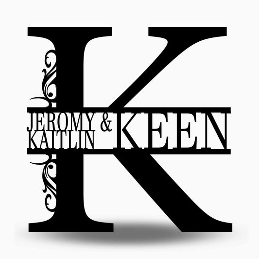 Custom Split Letter K Metal First Names, Last Name and Establish Year Sign